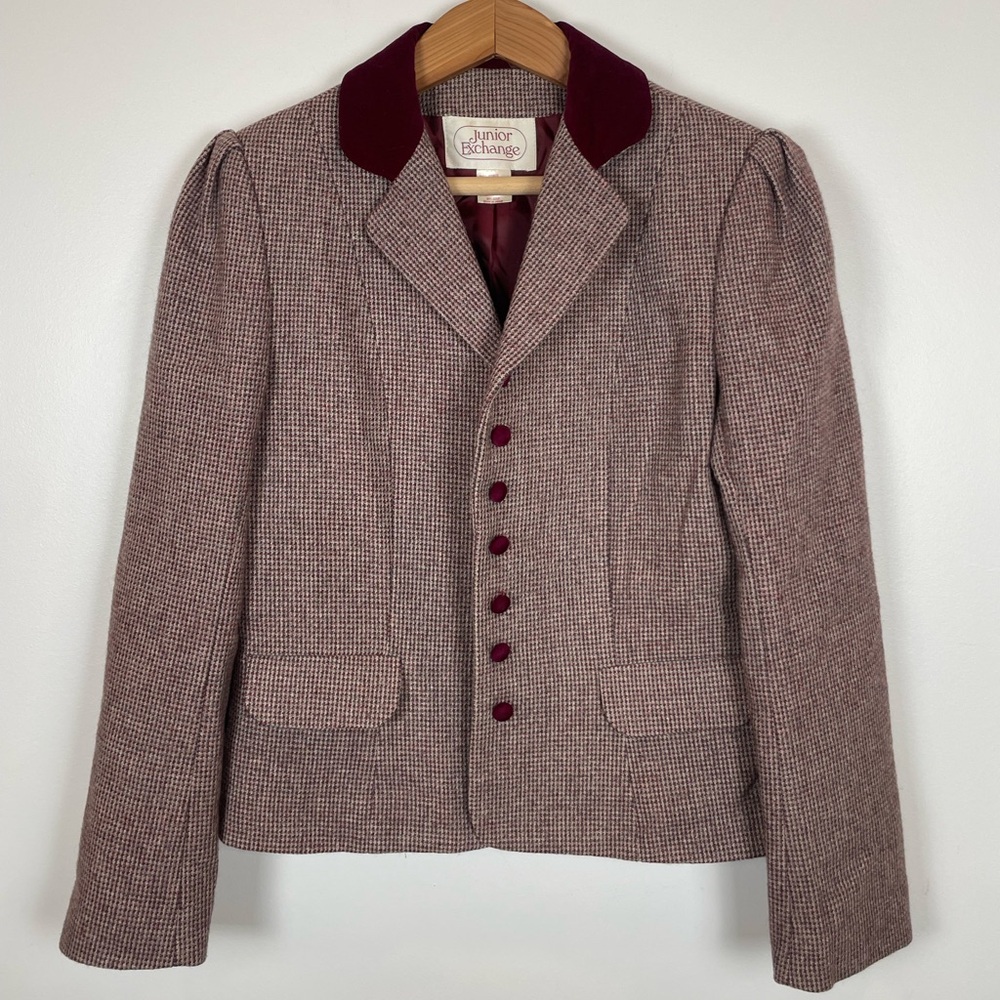 Vintage 1970s Junior Exchange Wool Blazer Burgundy Velvet Collar XS Women Jacket